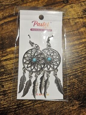 Silver & Turquoise Dreamcatcher Feather Earrings